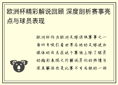 欧洲杯精彩解说回顾 深度剖析赛事亮点与球员表现
